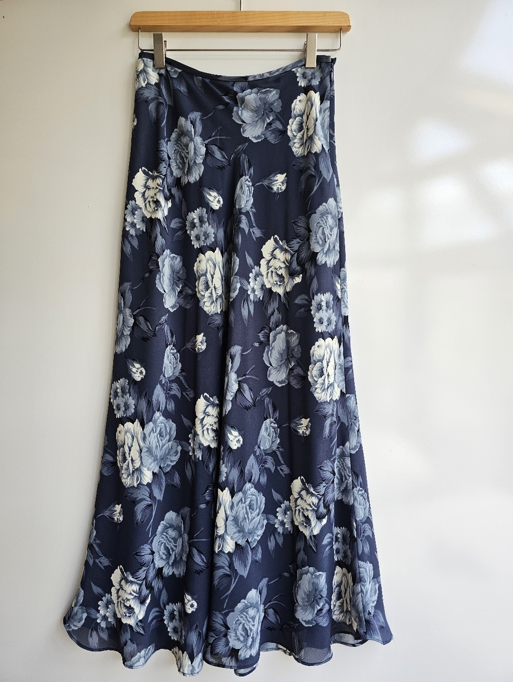 Vintage 90s Ann Tjian Kenar Blue Floral Chiffon Maxi Skirt 2 - Picture 2 of 12